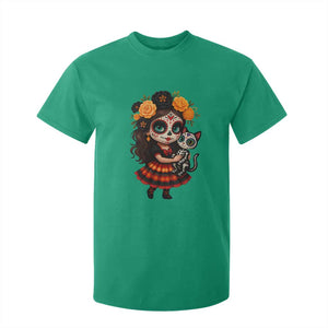 Day Of The Dead Latina T Shirt For Kid Cute Girl With Skeleton Kitten Floral Skull TS12 Irish Green Print Your Wear