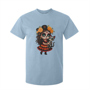 Day Of The Dead Latina T Shirt For Kid Cute Girl With Skeleton Kitten Floral Skull TS12 Light Blue Print Your Wear