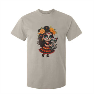 Day Of The Dead Latina T Shirt For Kid Cute Girl With Skeleton Kitten Floral Skull TS12 Sand Print Your Wear