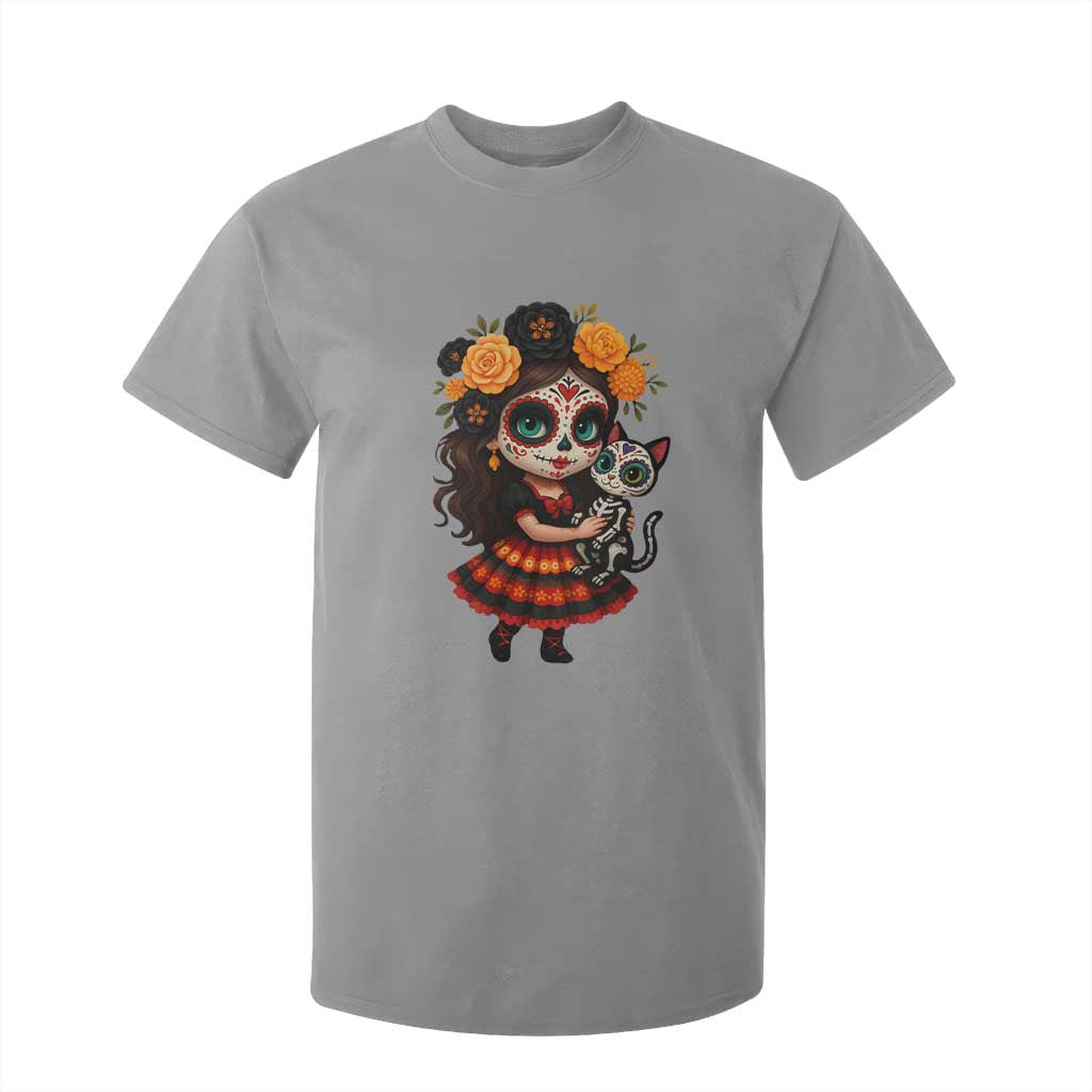 Day Of The Dead Latina T Shirt For Kid Cute Girl With Skeleton Kitten Floral Skull TS12 Sport Gray Print Your Wear