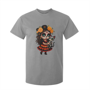 Day Of The Dead Latina T Shirt For Kid Cute Girl With Skeleton Kitten Floral Skull TS12 Sport Gray Print Your Wear