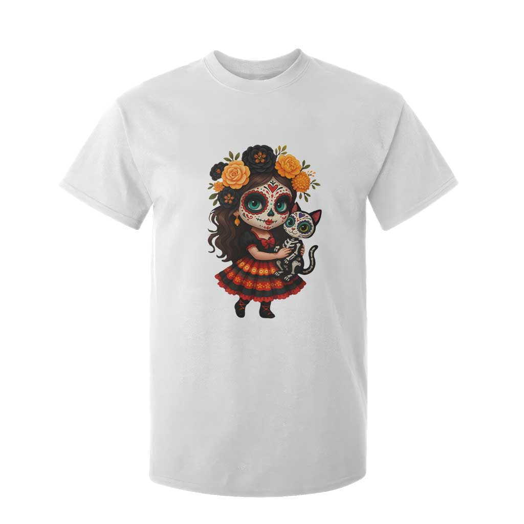 Day Of The Dead Latina T Shirt For Kid Cute Girl With Skeleton Kitten Floral Skull TS12 White Print Your Wear