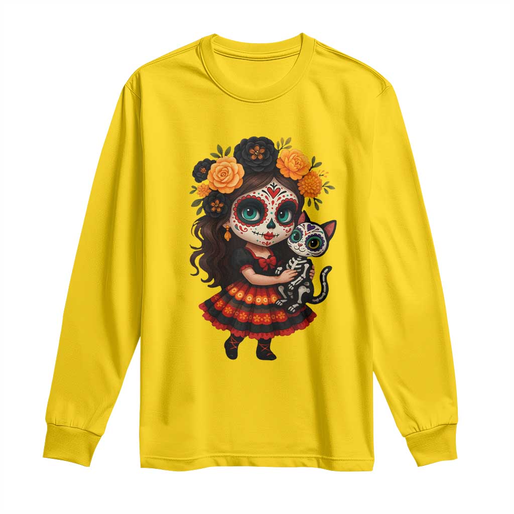 Day Of The Dead Latina Long Sleeve Shirt Cute Girl With Skeleton Kitten Floral Skull TS12 Daisy Print Your Wear