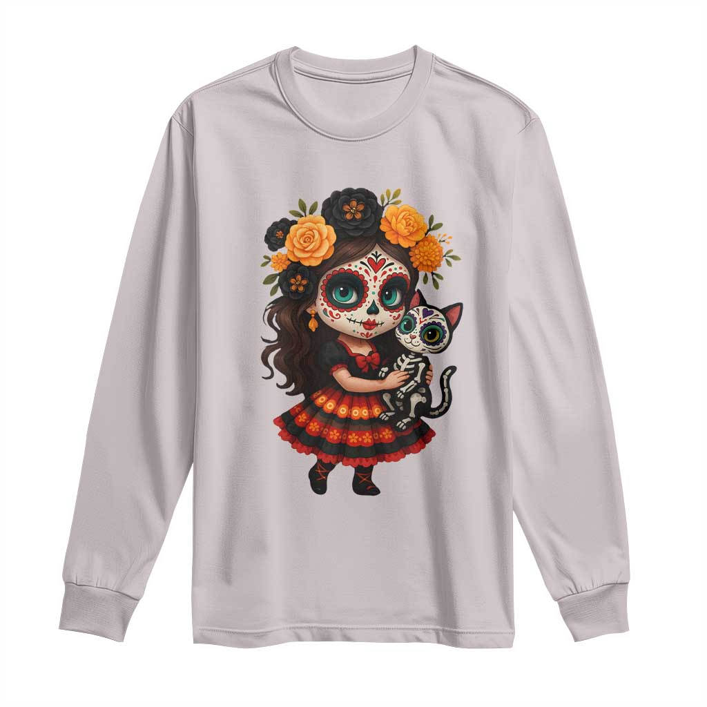 Day Of The Dead Latina Long Sleeve Shirt Cute Girl With Skeleton Kitten Floral Skull TS12 Ice Gray Print Your Wear