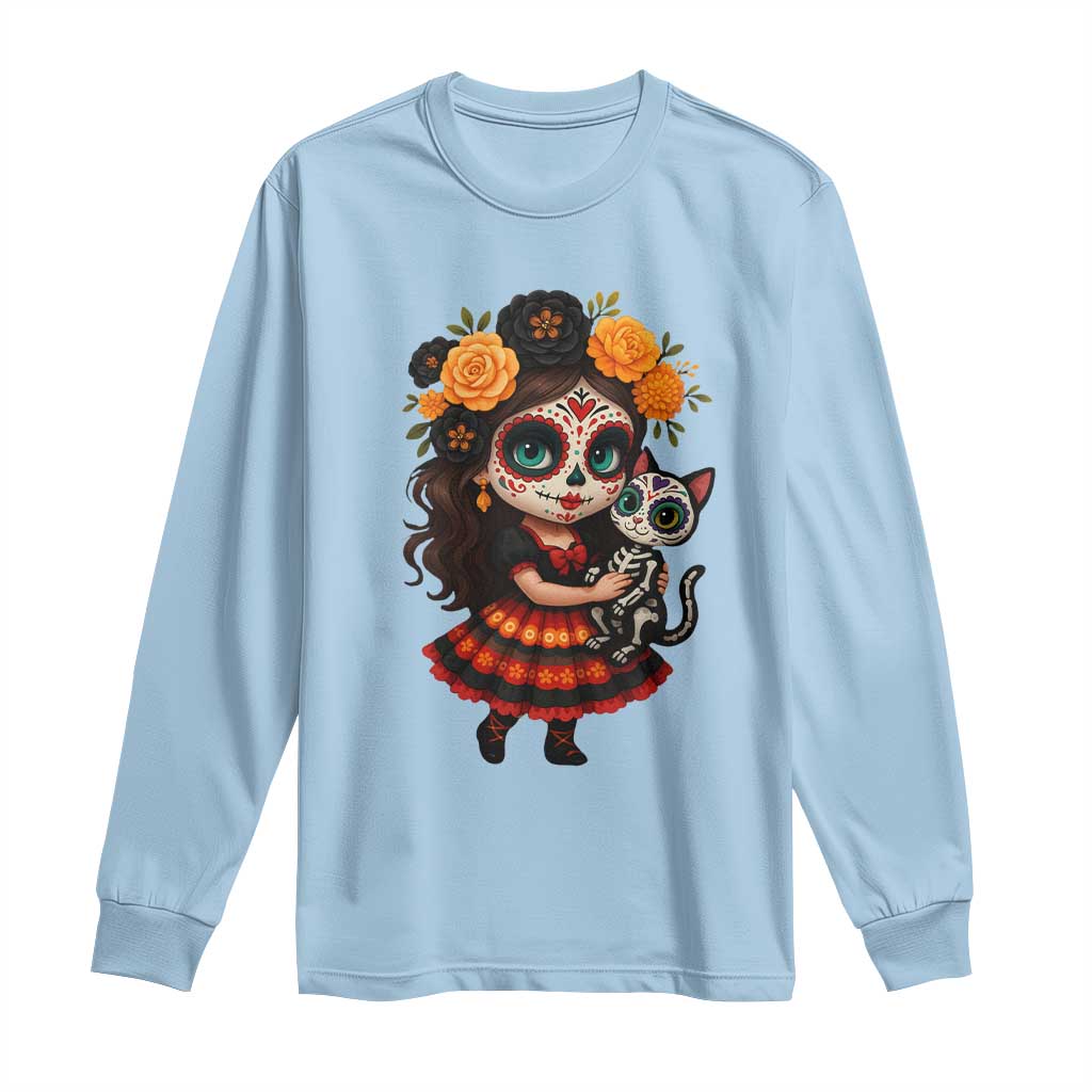 Day Of The Dead Latina Long Sleeve Shirt Cute Girl With Skeleton Kitten Floral Skull TS12 Light Blue Print Your Wear