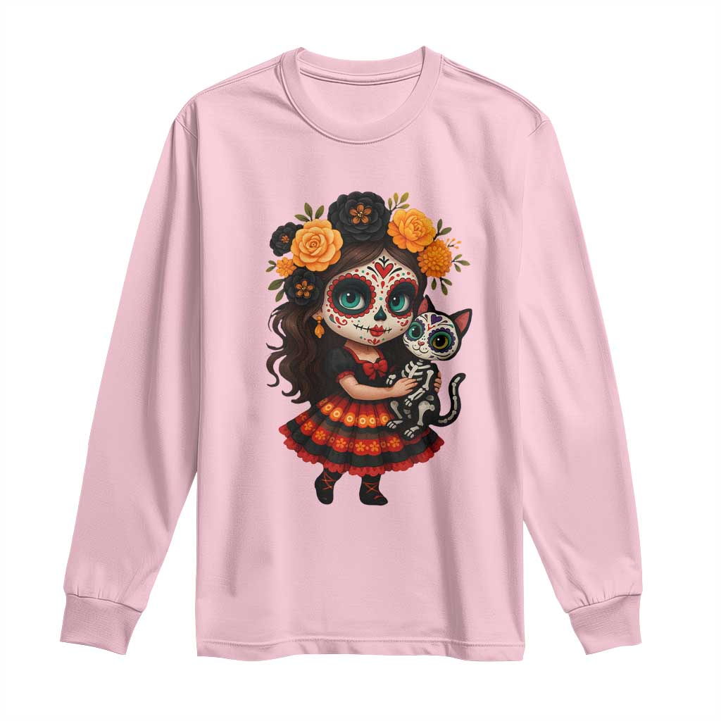 Day Of The Dead Latina Long Sleeve Shirt Cute Girl With Skeleton Kitten Floral Skull TS12 Light Pink Print Your Wear