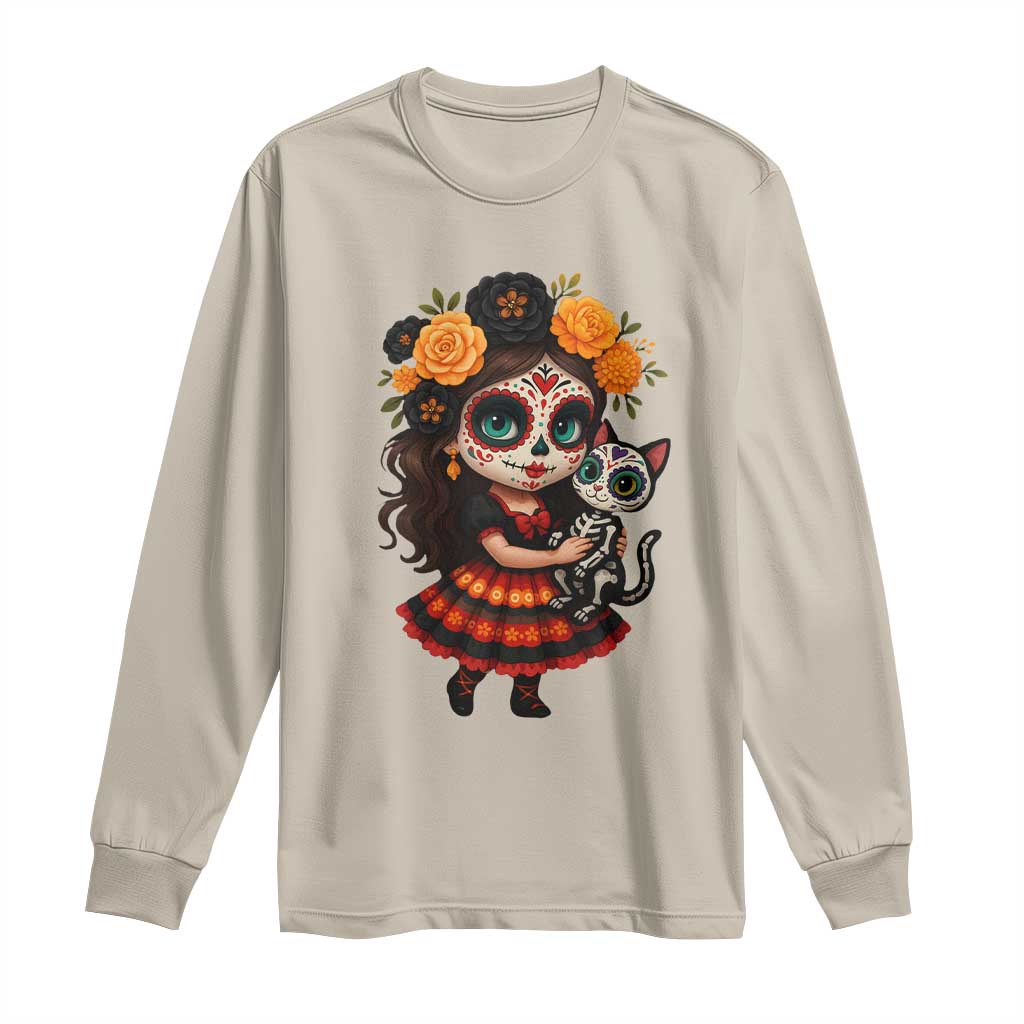 Day Of The Dead Latina Long Sleeve Shirt Cute Girl With Skeleton Kitten Floral Skull TS12 Sand Print Your Wear