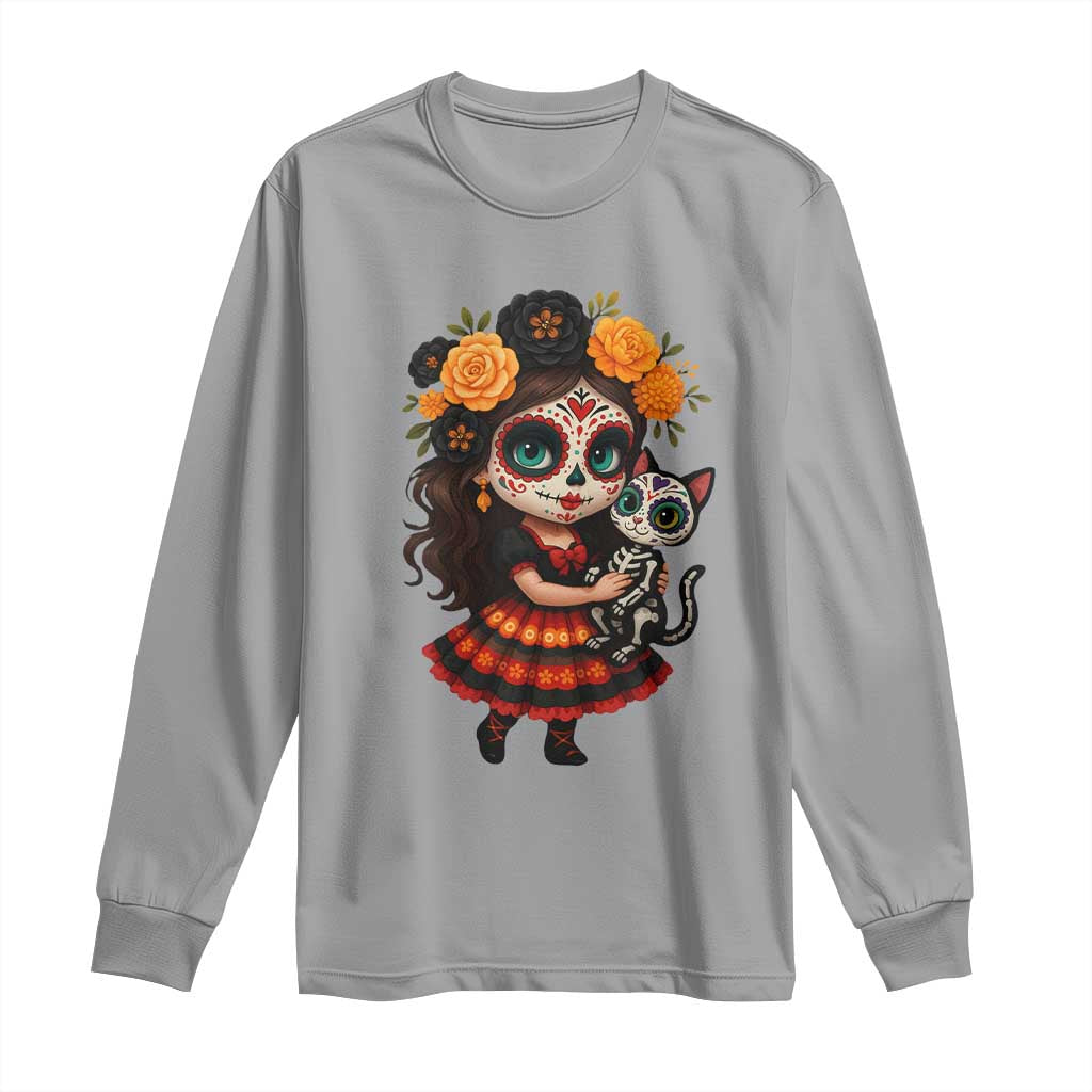Day Of The Dead Latina Long Sleeve Shirt Cute Girl With Skeleton Kitten Floral Skull TS12 Sport Gray Print Your Wear