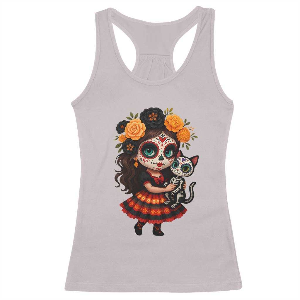 Day Of The Dead Latina Racerback Tank Top Cute Girl With Skeleton Kitten Floral Skull TS12 Ice Gray Print Your Wear