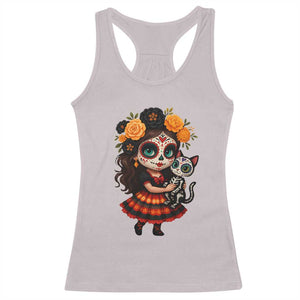 Day Of The Dead Latina Racerback Tank Top Cute Girl With Skeleton Kitten Floral Skull TS12 Ice Gray Print Your Wear
