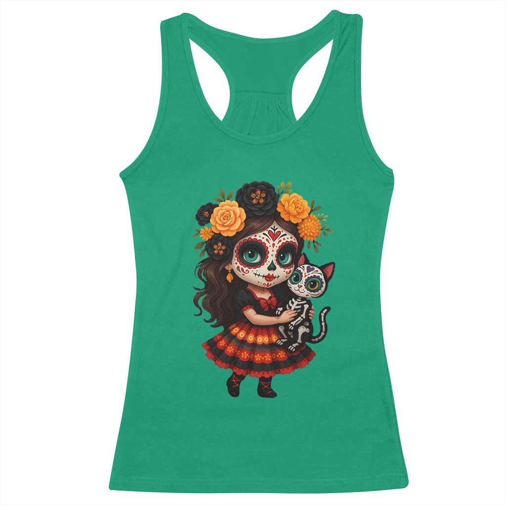 Day Of The Dead Latina Racerback Tank Top Cute Girl With Skeleton Kitten Floral Skull TS12 Irish Green Print Your Wear