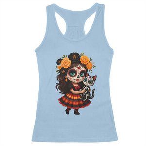 Day Of The Dead Latina Racerback Tank Top Cute Girl With Skeleton Kitten Floral Skull TS12 Light Blue Print Your Wear