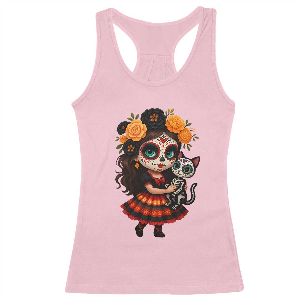 Day Of The Dead Latina Racerback Tank Top Cute Girl With Skeleton Kitten Floral Skull TS12 Light Pink Print Your Wear