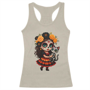 Day Of The Dead Latina Racerback Tank Top Cute Girl With Skeleton Kitten Floral Skull TS12 Sand Print Your Wear