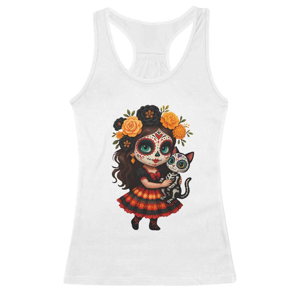 Day Of The Dead Latina Racerback Tank Top Cute Girl With Skeleton Kitten Floral Skull TS12 White Print Your Wear