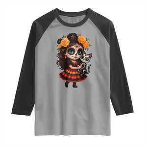 Day Of The Dead Latina Raglan Shirt Cute Girl With Skeleton Kitten Floral Skull TS12 Sport Gray Black Print Your Wear