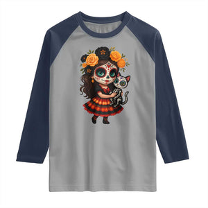 Day Of The Dead Latina Raglan Shirt Cute Girl With Skeleton Kitten Floral Skull TS12 Sport Gray Navy Print Your Wear