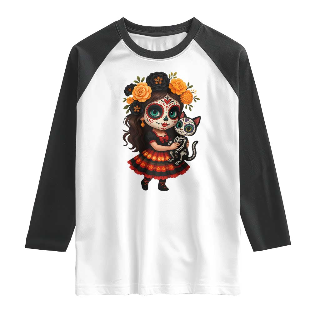 Day Of The Dead Latina Raglan Shirt Cute Girl With Skeleton Kitten Floral Skull TS12 White Black Print Your Wear