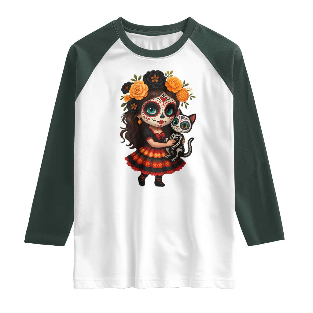 Day Of The Dead Latina Raglan Shirt Cute Girl With Skeleton Kitten Floral Skull TS12 White Dark Forest Green Print Your Wear