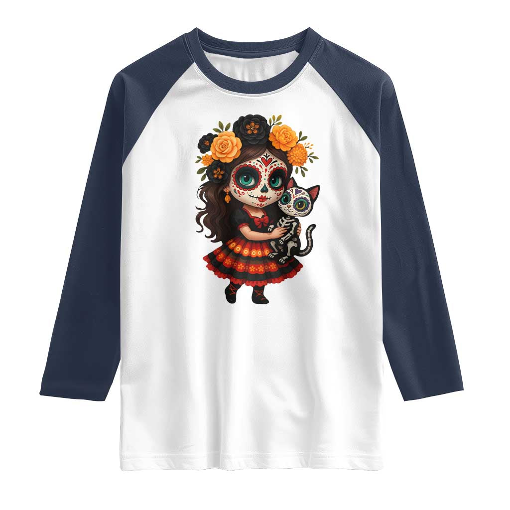 Day Of The Dead Latina Raglan Shirt Cute Girl With Skeleton Kitten Floral Skull TS12 White Navy Print Your Wear