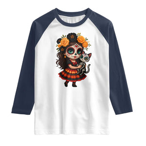 Day Of The Dead Latina Raglan Shirt Cute Girl With Skeleton Kitten Floral Skull TS12 White Navy Print Your Wear