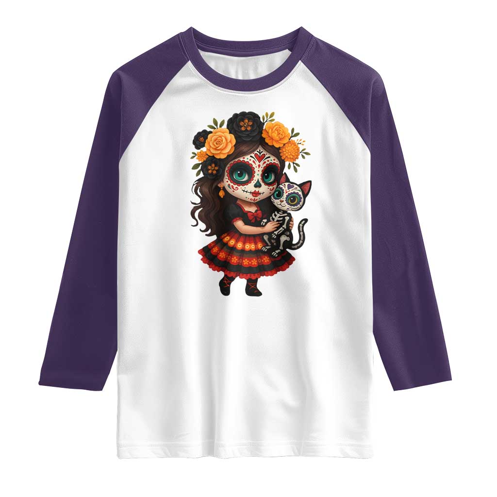 Day Of The Dead Latina Raglan Shirt Cute Girl With Skeleton Kitten Floral Skull TS12 White Purple Print Your Wear