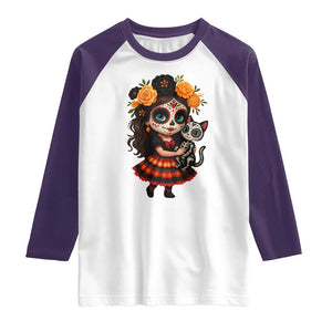 Day Of The Dead Latina Raglan Shirt Cute Girl With Skeleton Kitten Floral Skull TS12 White Purple Print Your Wear