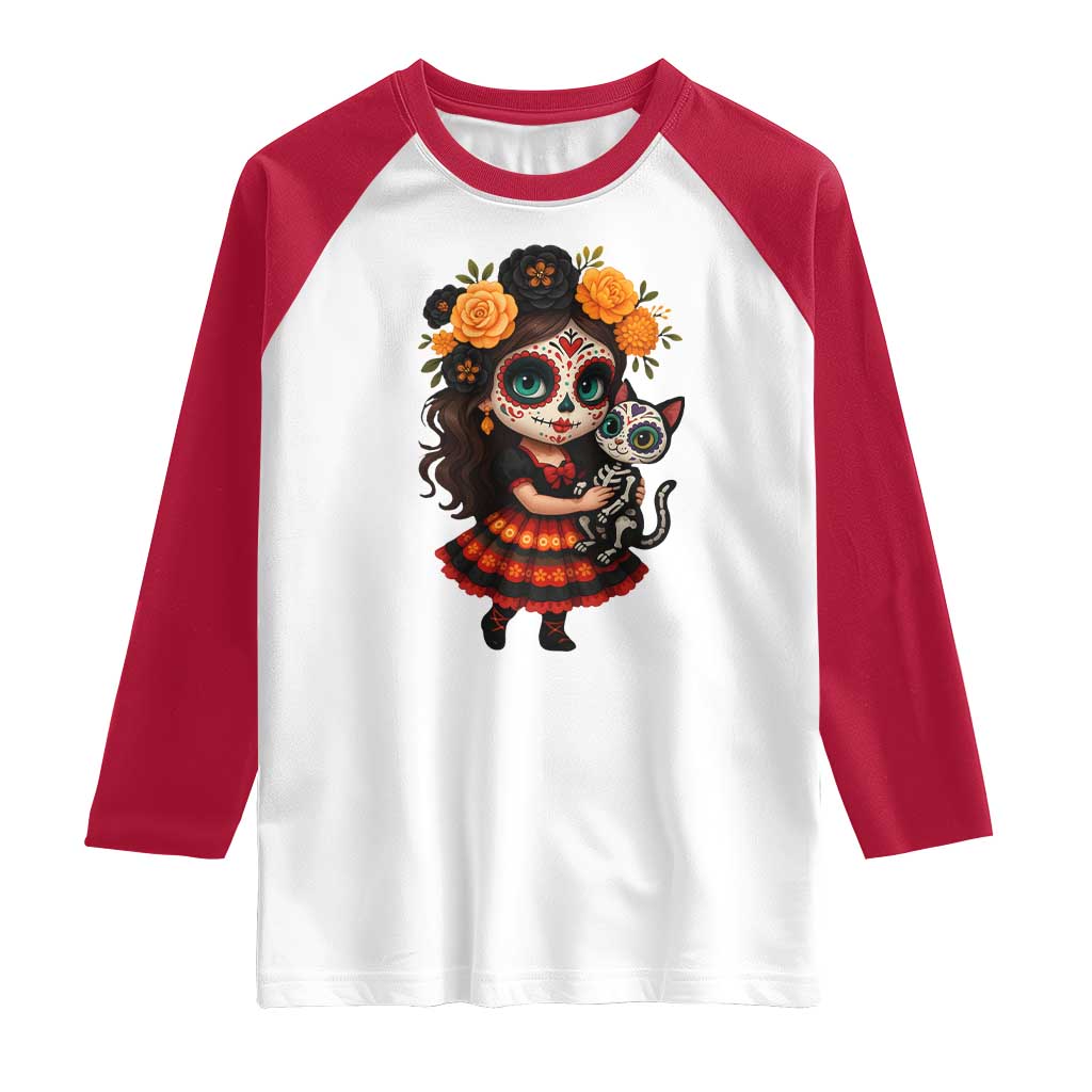 Day Of The Dead Latina Raglan Shirt Cute Girl With Skeleton Kitten Floral Skull TS12 White Red Print Your Wear