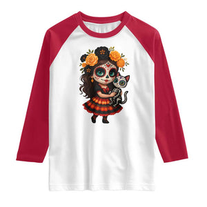 Day Of The Dead Latina Raglan Shirt Cute Girl With Skeleton Kitten Floral Skull TS12 White Red Print Your Wear