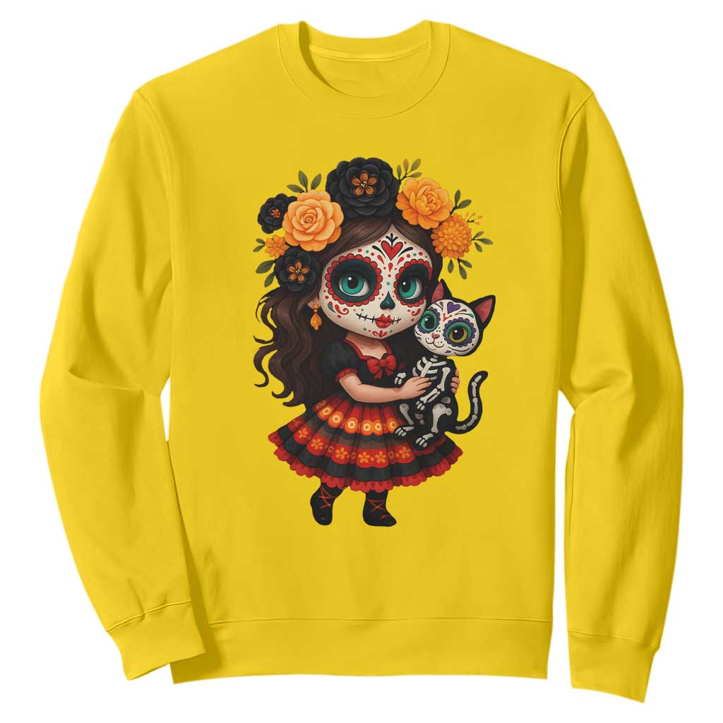 Day Of The Dead Latina Sweatshirt Cute Girl With Skeleton Kitten Floral Skull TS12 Daisy Print Your Wear