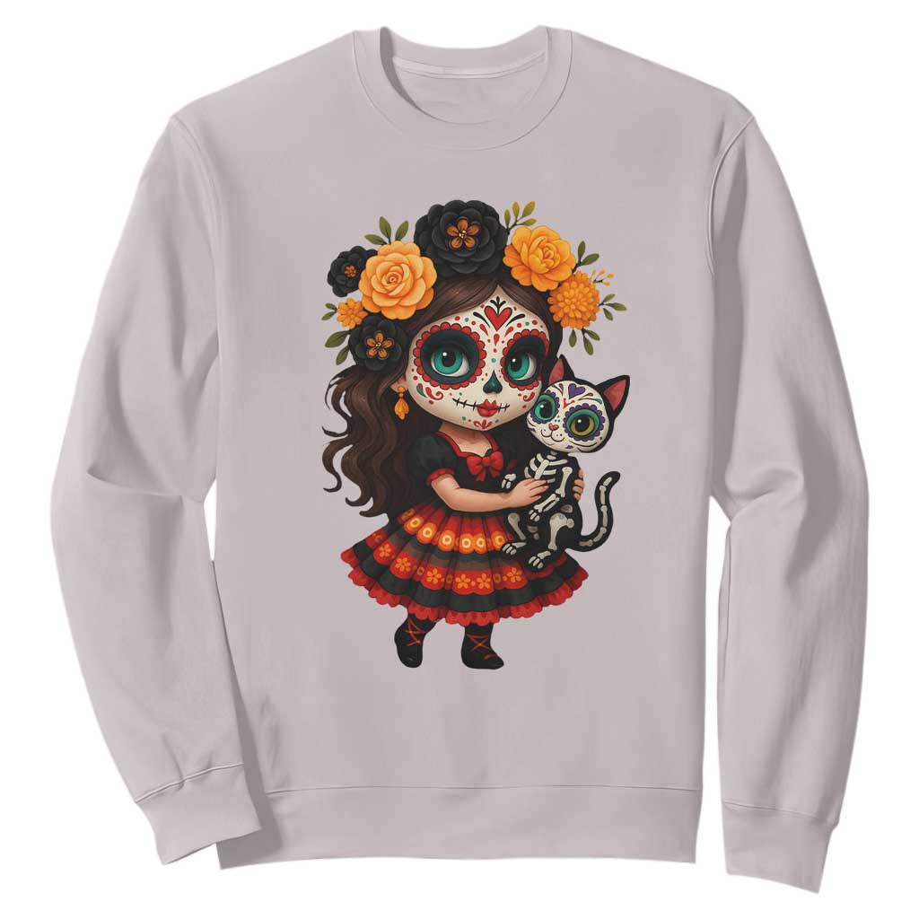 Day Of The Dead Latina Sweatshirt Cute Girl With Skeleton Kitten Floral Skull TS12 Ice Gray Print Your Wear