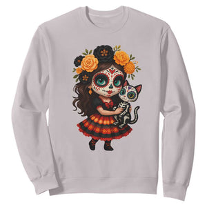 Day Of The Dead Latina Sweatshirt Cute Girl With Skeleton Kitten Floral Skull TS12 Ice Gray Print Your Wear