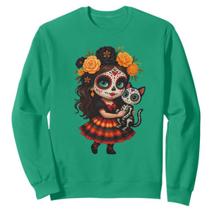 Day Of The Dead Latina Sweatshirt Cute Girl With Skeleton Kitten Floral Skull TS12 Irish Green Print Your Wear