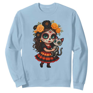 Day Of The Dead Latina Sweatshirt Cute Girl With Skeleton Kitten Floral Skull TS12 Light Blue Print Your Wear