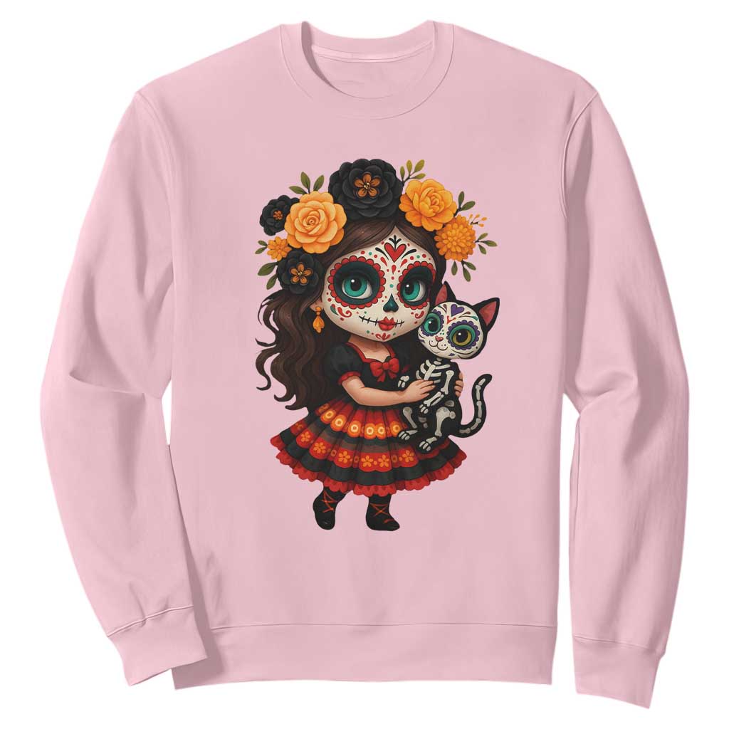 Day Of The Dead Latina Sweatshirt Cute Girl With Skeleton Kitten Floral Skull TS12 Light Pink Print Your Wear