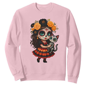 Day Of The Dead Latina Sweatshirt Cute Girl With Skeleton Kitten Floral Skull TS12 Light Pink Print Your Wear