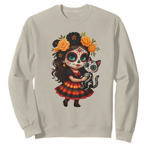 Day Of The Dead Latina Sweatshirt Cute Girl With Skeleton Kitten Floral Skull TS12 Sand Print Your Wear