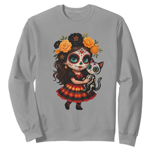 Day Of The Dead Latina Sweatshirt Cute Girl With Skeleton Kitten Floral Skull TS12 Sport Gray Print Your Wear