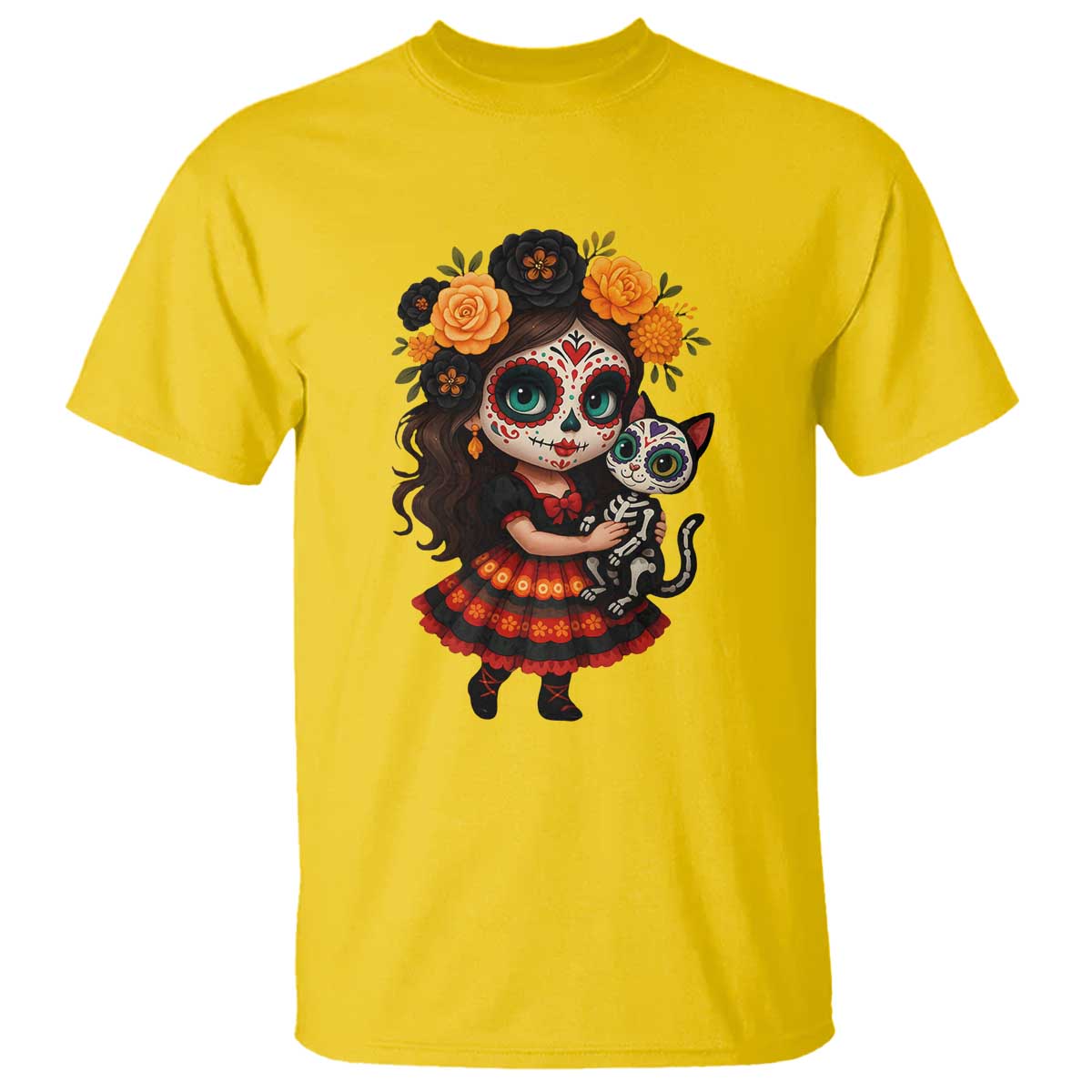 Day Of The Dead Latina T Shirt Cute Girl With Skeleton Kitten Floral Skull TS12 Daisy Print Your Wear