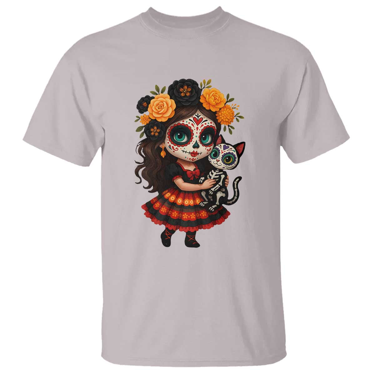 Day Of The Dead Latina T Shirt Cute Girl With Skeleton Kitten Floral Skull TS12 Ice Gray Print Your Wear