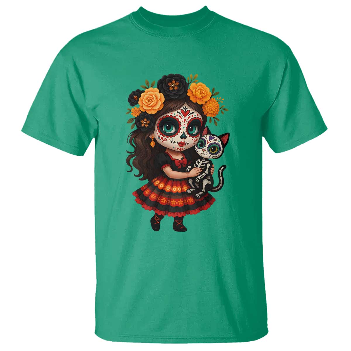 Day Of The Dead Latina T Shirt Cute Girl With Skeleton Kitten Floral Skull TS12 Irish Green Print Your Wear