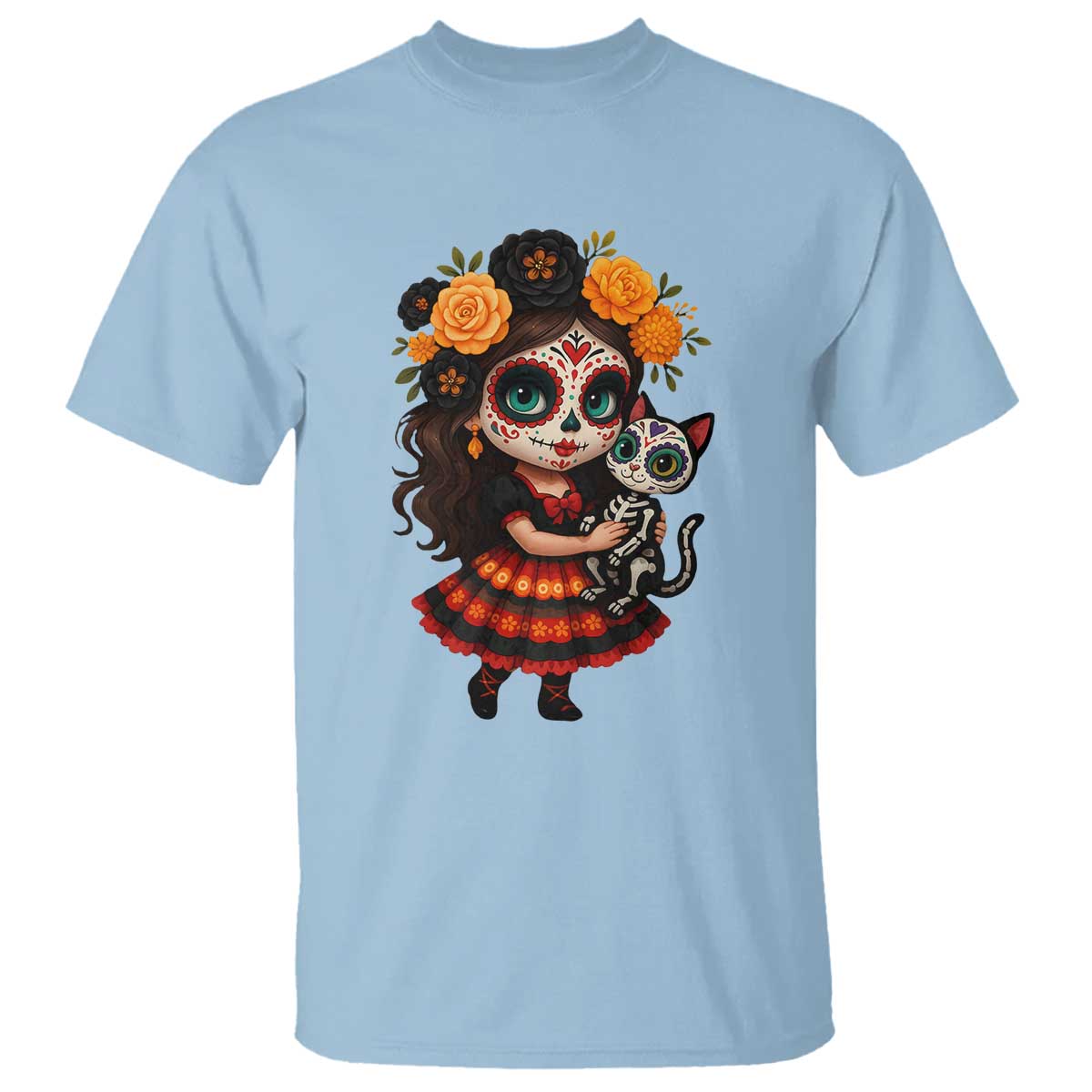 Day Of The Dead Latina T Shirt Cute Girl With Skeleton Kitten Floral Skull TS12 Light Blue Print Your Wear
