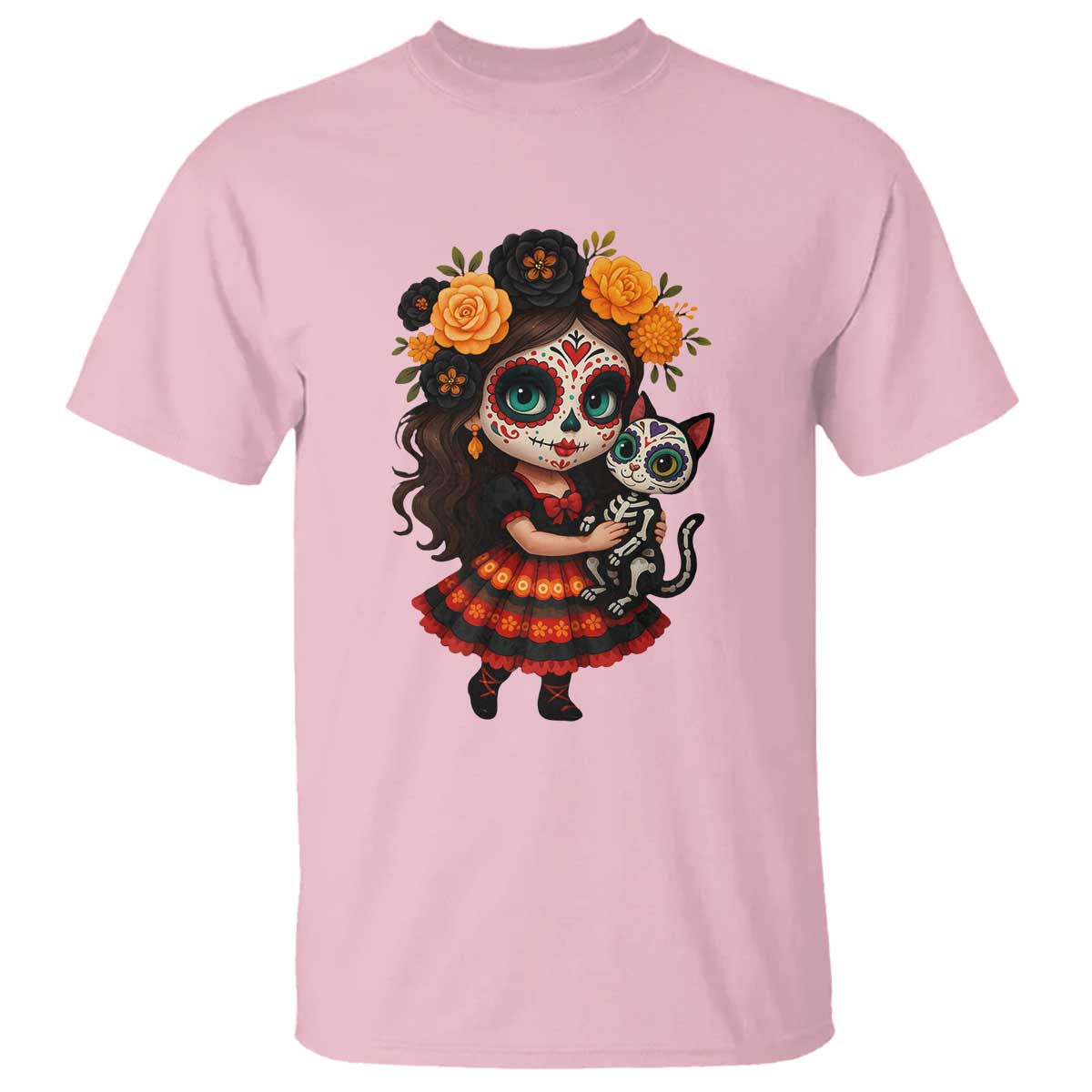 Day Of The Dead Latina T Shirt Cute Girl With Skeleton Kitten Floral Skull TS12 Light Pink Print Your Wear
