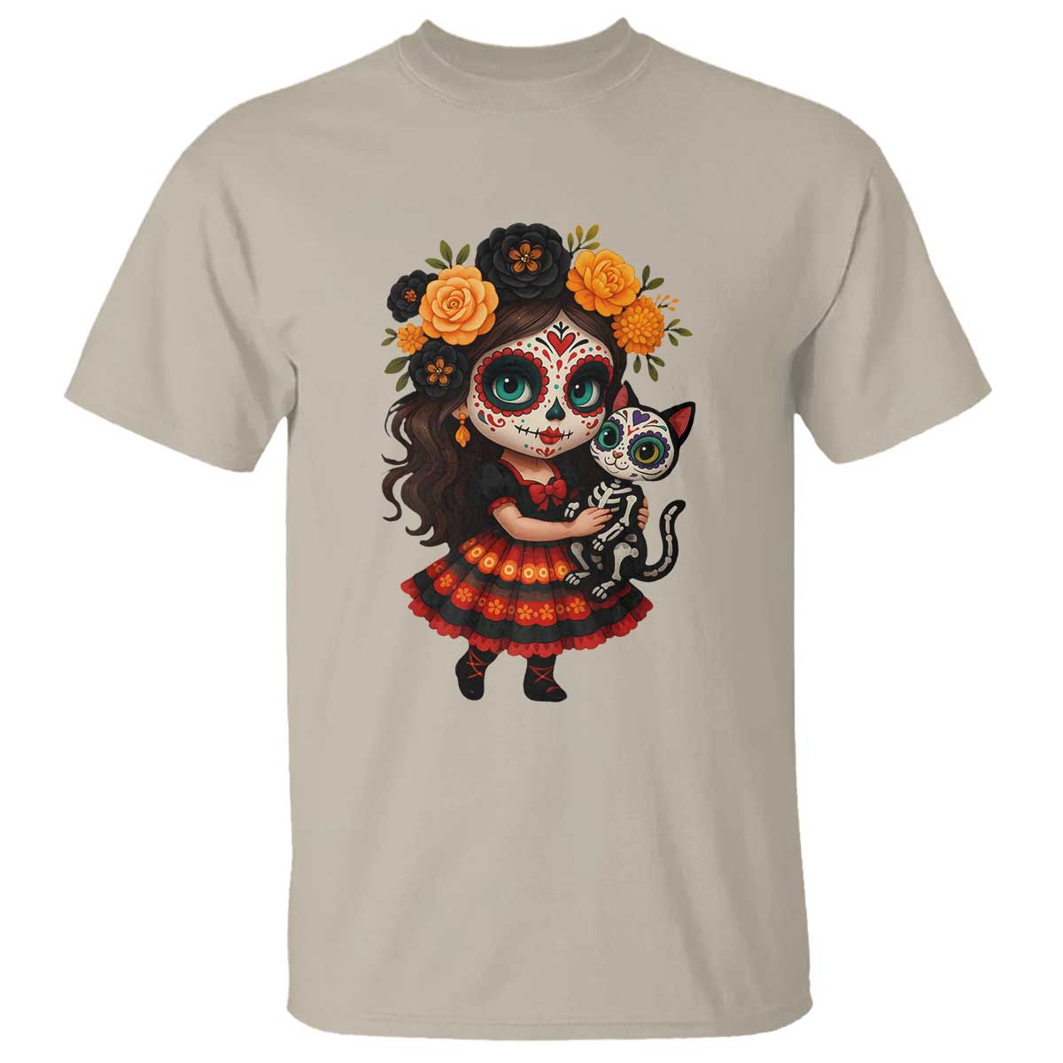 Day Of The Dead Latina T Shirt Cute Girl With Skeleton Kitten Floral Skull TS12 Sand Print Your Wear