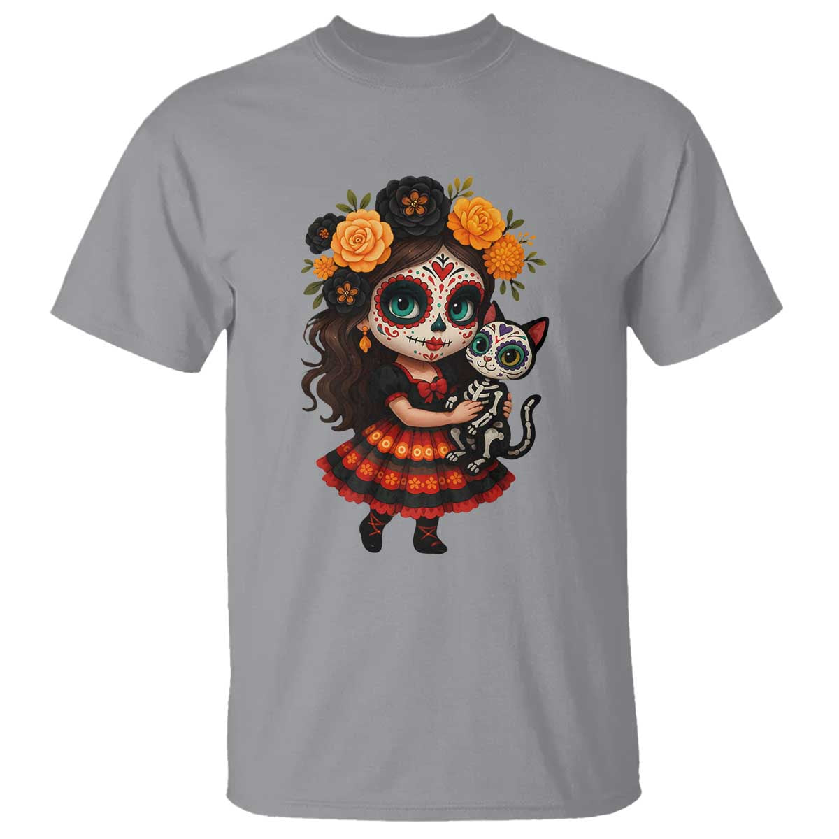 Day Of The Dead Latina T Shirt Cute Girl With Skeleton Kitten Floral Skull TS12 Sport Gray Print Your Wear