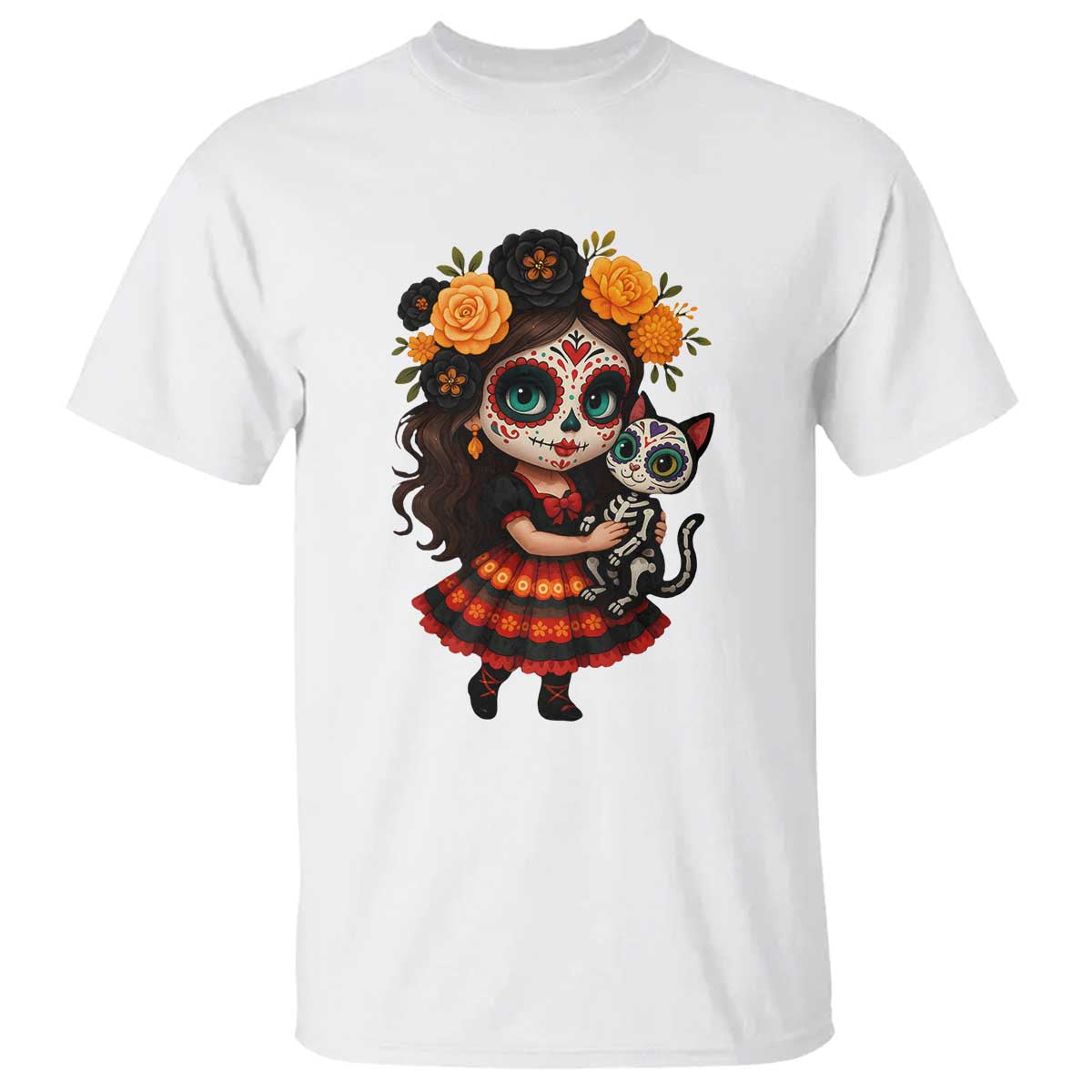 Day Of The Dead Latina T Shirt Cute Girl With Skeleton Kitten Floral Skull TS12 White Print Your Wear
