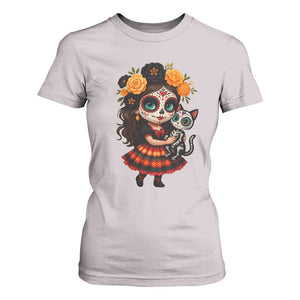 Day Of The Dead Latina T Shirt For Women Cute Girl With Skeleton Kitten Floral Skull TS12 Ice Gray Print Your Wear