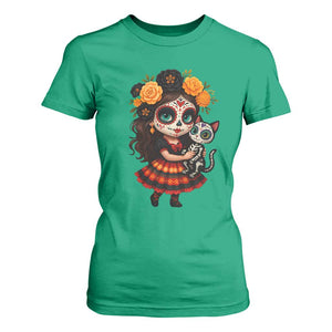 Day Of The Dead Latina T Shirt For Women Cute Girl With Skeleton Kitten Floral Skull TS12 Irish Green Print Your Wear