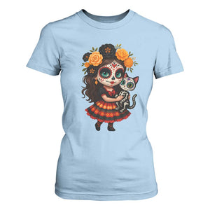 Day Of The Dead Latina T Shirt For Women Cute Girl With Skeleton Kitten Floral Skull TS12 Light Blue Print Your Wear