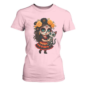 Day Of The Dead Latina T Shirt For Women Cute Girl With Skeleton Kitten Floral Skull TS12 Light Pink Print Your Wear